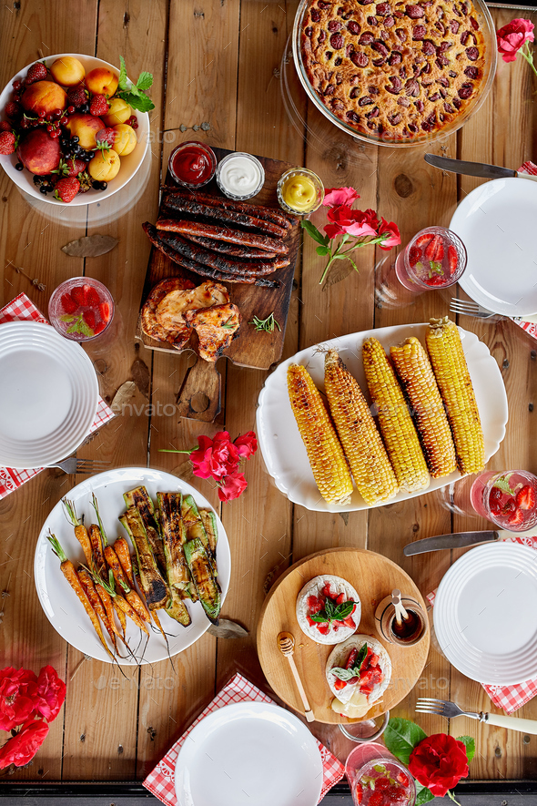 Dinner table, top view, family dinner or lunch, eating concept Stock